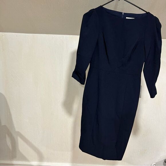 Revolve ELIZA J Pleated Sleeve Sheath Navy Blue Midi Dress - Picture 5 of 6